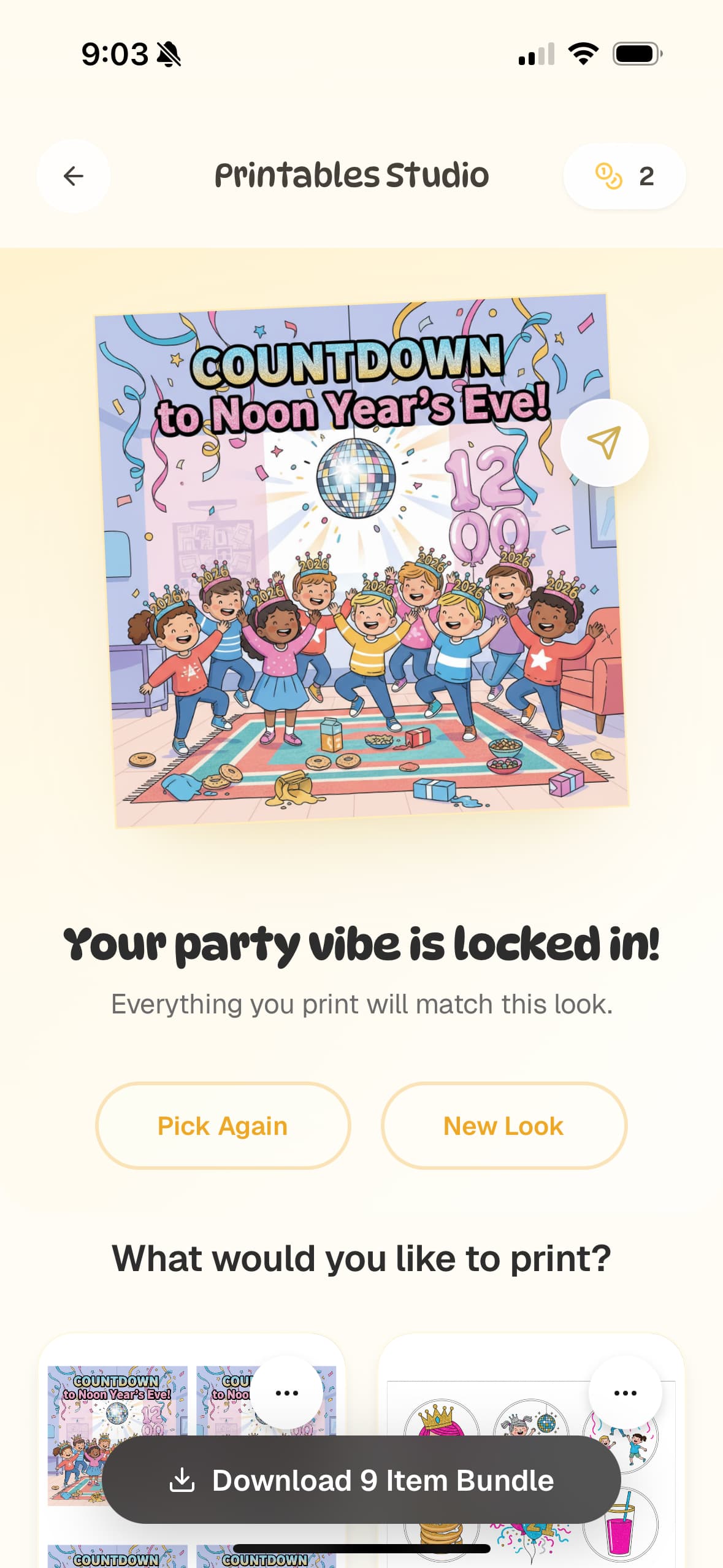 Party Studio app showing custom party invitations and printable designs