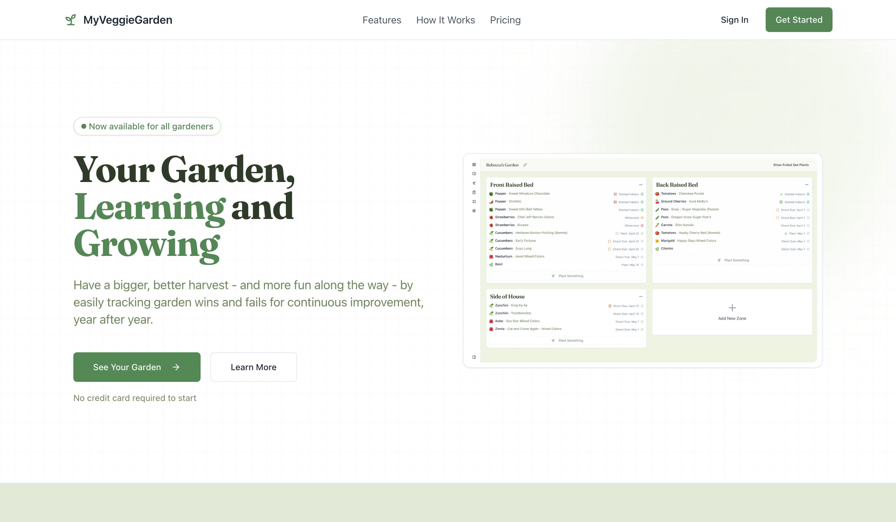 MyVeggieGarden landing page showing garden tracking interface with raised bed management and plant organization features