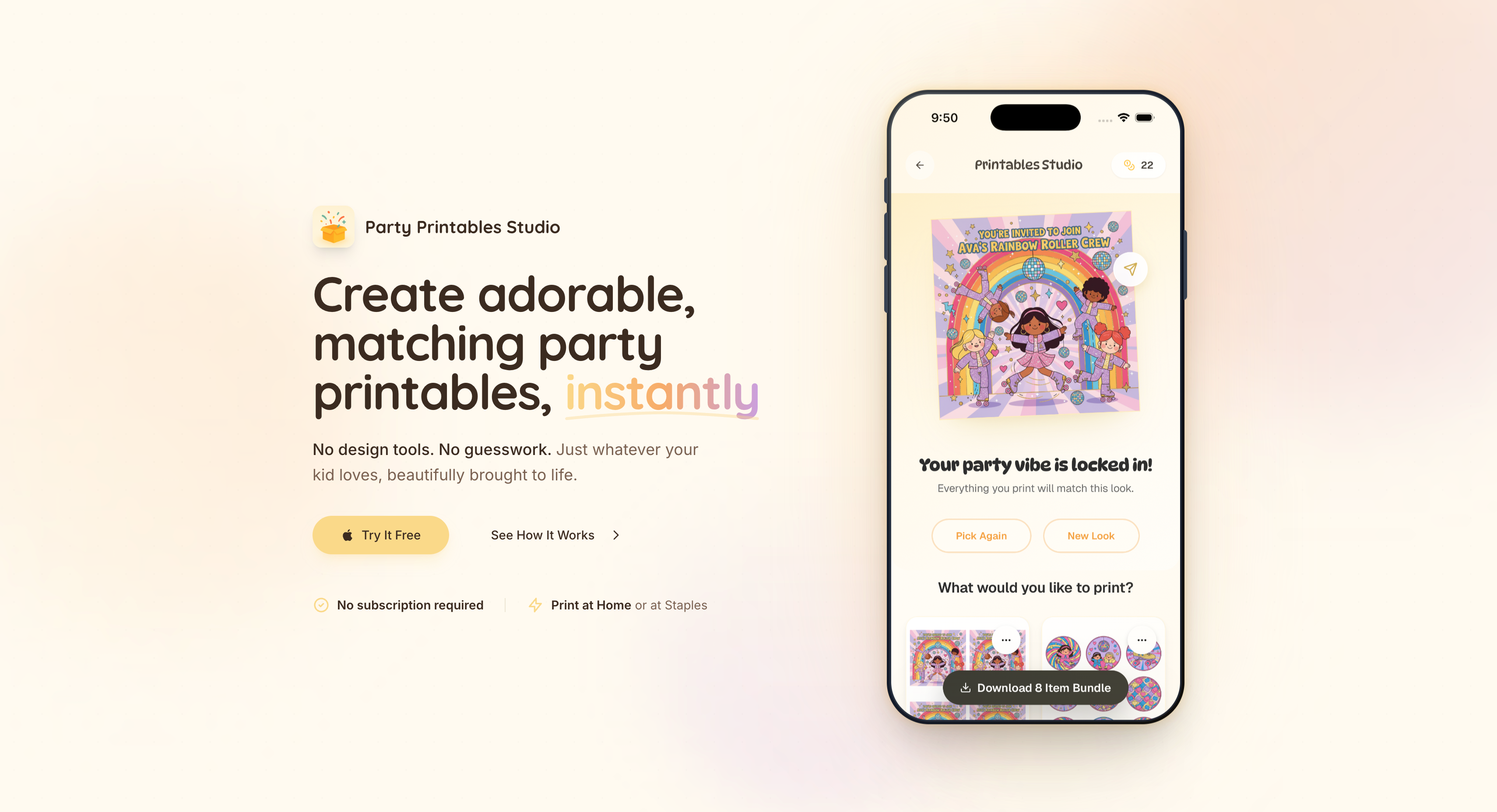 Party Printables Studio app showing mobile interface with custom party invitations and printable designs